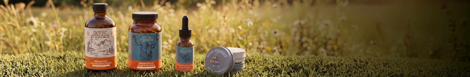 Norse Organics balms and supplement bottles standing in a sunlit meadow