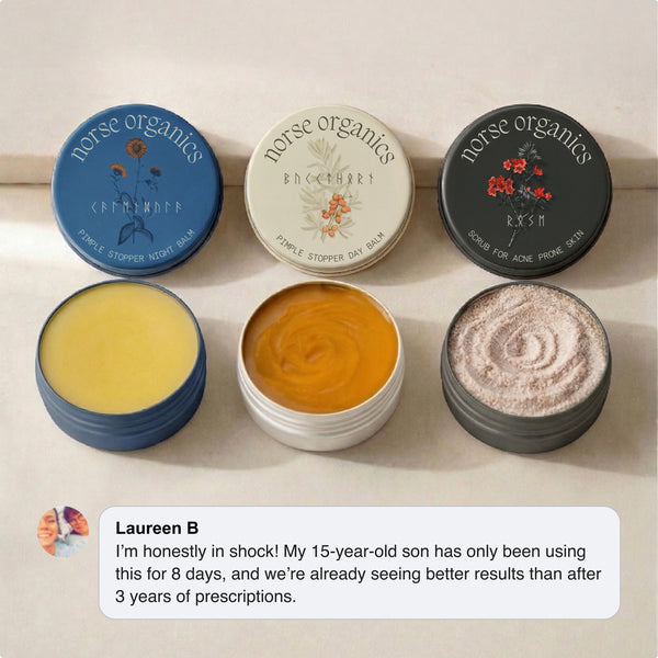 The Complete System for Acne-Prone Skin, a 3-step Norse Organics botanical balm routine